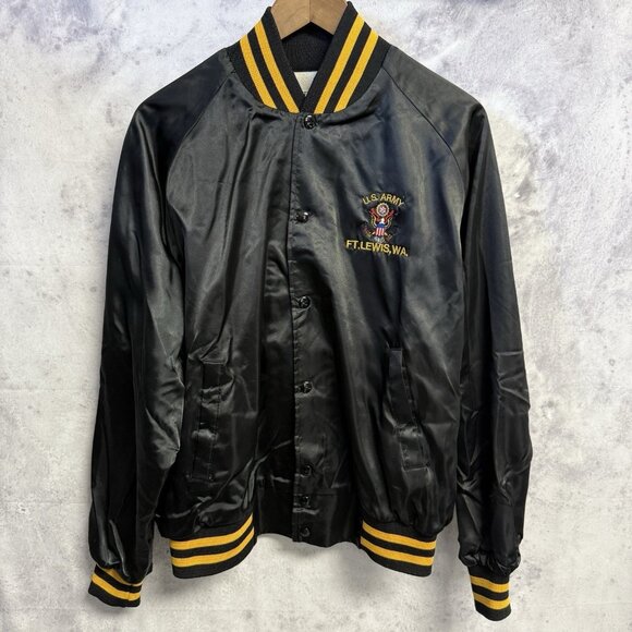 Vintage 80s ROTC Bomber Jacket Mens Large Black Satin Embroidered Military - Picture 2 of 16